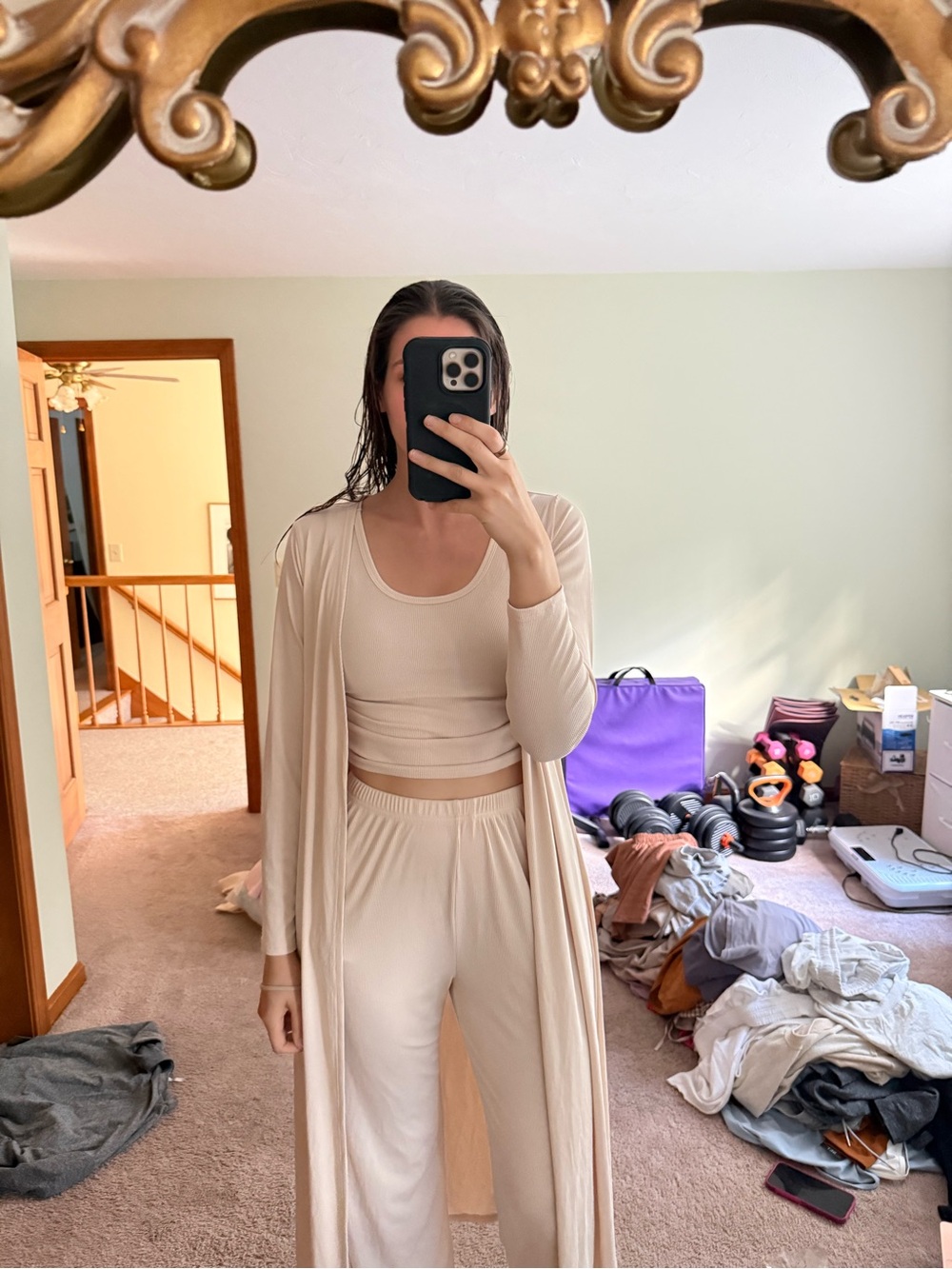 Women's Cream Lounge Set with Longline Duster